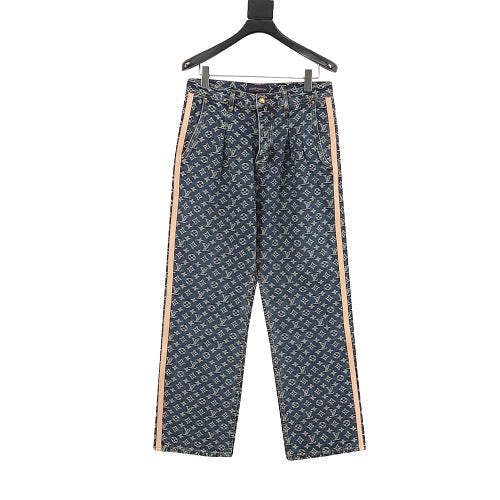 Louis Vuitton Monogram All-Over Leather Side-Stripe Washed Blue Jeans