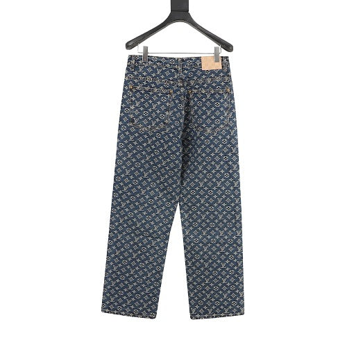 Louis Vuitton Monogram All-Over Leather Side-Stripe Washed Blue Jeans