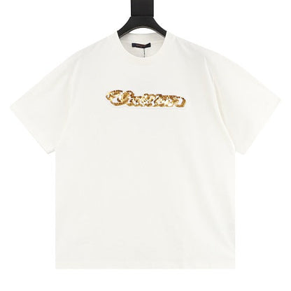 Louis Vuitton SS26 Gold Sequin Handwritten Lettering Embroidered T-Shirt