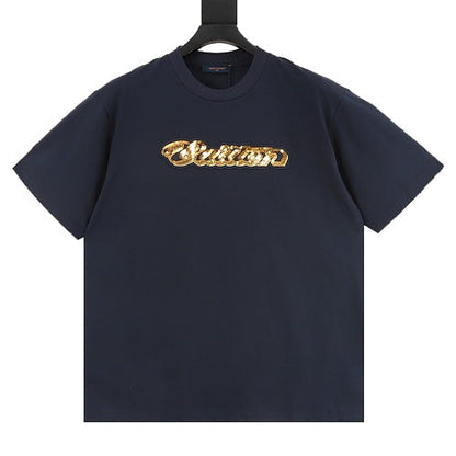 Louis Vuitton SS26 Gold Sequin Handwritten Lettering Embroidered T-Shirt
